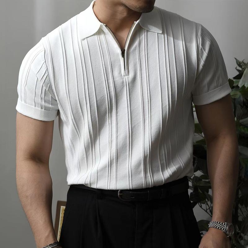 Men's Solid Striped Zip Lapel Short Sleeve Polo Shirt 04003477Z