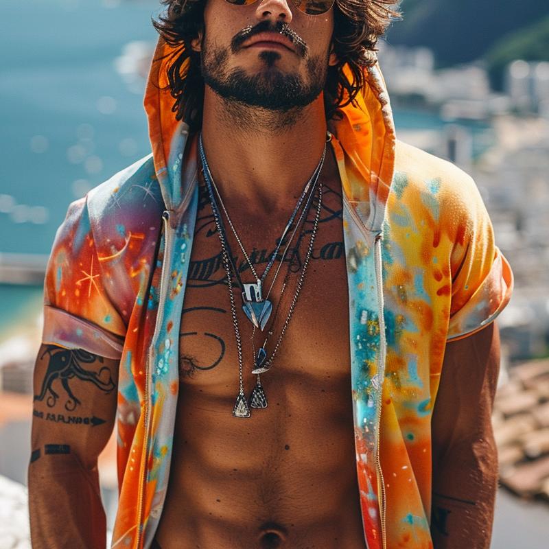 【Spedizione in 24 ore】Felpa con cappuccio e zip a maniche corte con stampa tie-dye da uomo 15548409Z