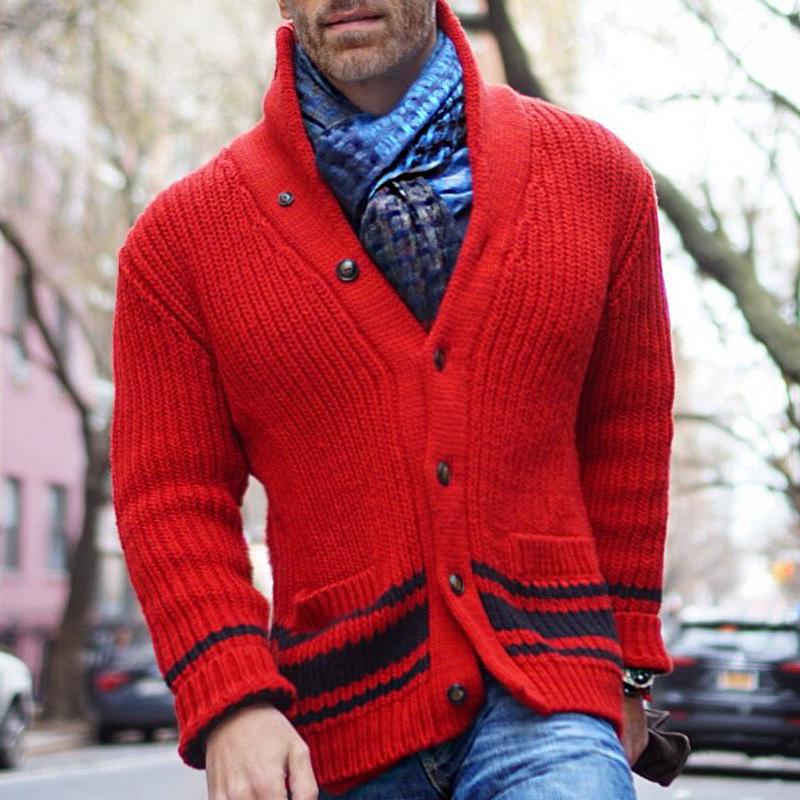 Men's Vintage Color Block Striped Lapel Single-breasted Knit Cardigan 88246691Z