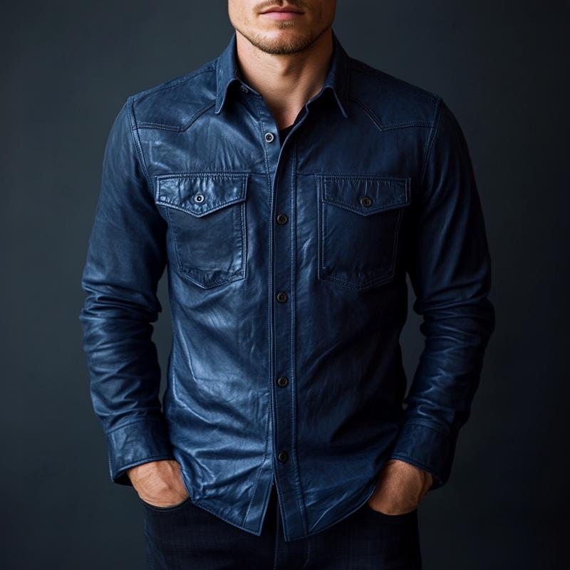 Chemise en cuir à manches longues et revers bleu foncé élégante pour hommes 72993130F