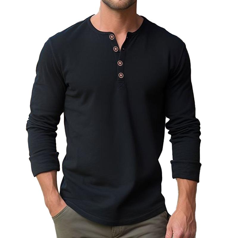 T-shirt décontracté à manches longues et col Henley uni pour hommes 52904398Z