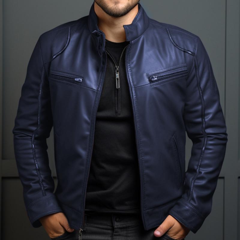 Chaqueta de cuero entallada con cremallera y cuello alto estilo vintage para hombre 55238800M
