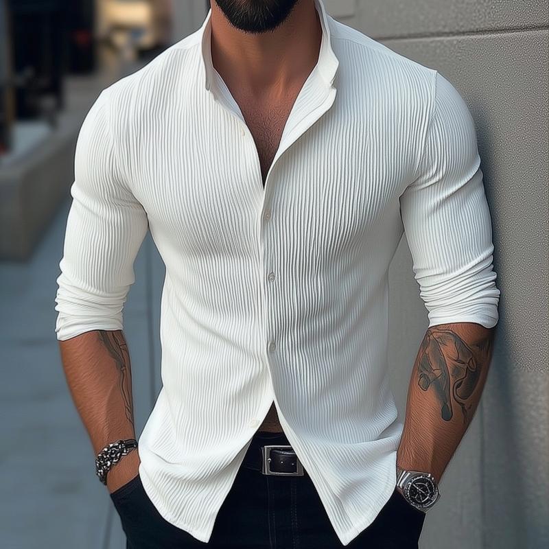 Chemise décontractée à manches longues et col montant pour homme, couleur unie, 02801063Z