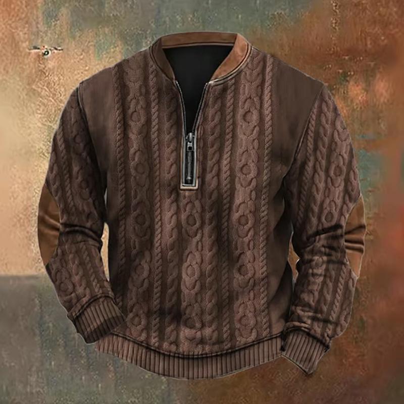 Sweat-shirt décontracté à manches longues et col rond pour homme, couleur unie, texture, fermeture éclair, 46996802Z