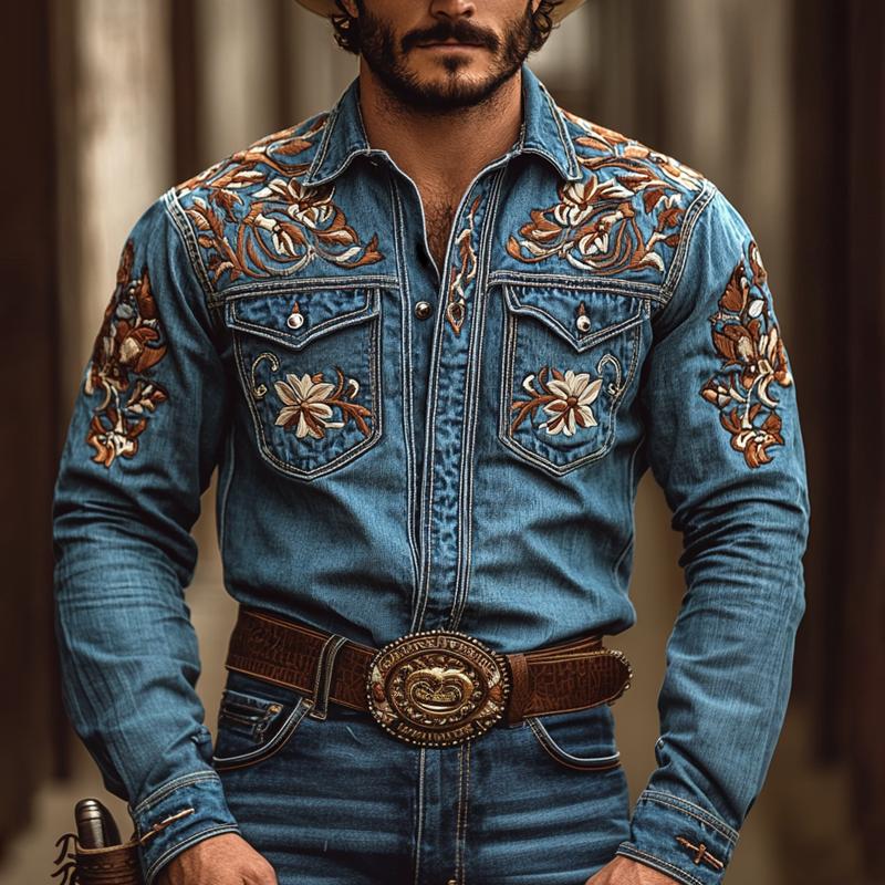 Camicia in denim a maniche lunghe con risvolto ricamato in stile cowboy western da uomo 00380923Z