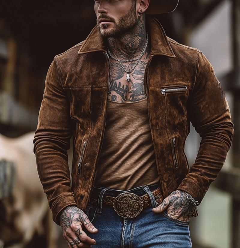 Massiv semsket skinnjakke for menn med brystlomme jakkeslag 51184953Y