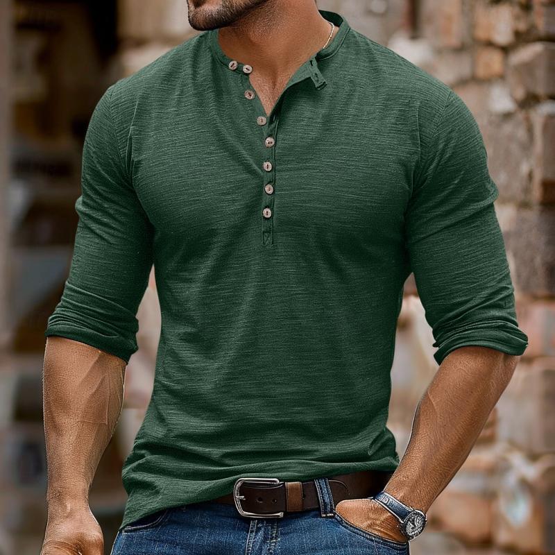 T-shirt casual da uomo con colletto Henley multi-bottone e maniche lunghe 48759130Y