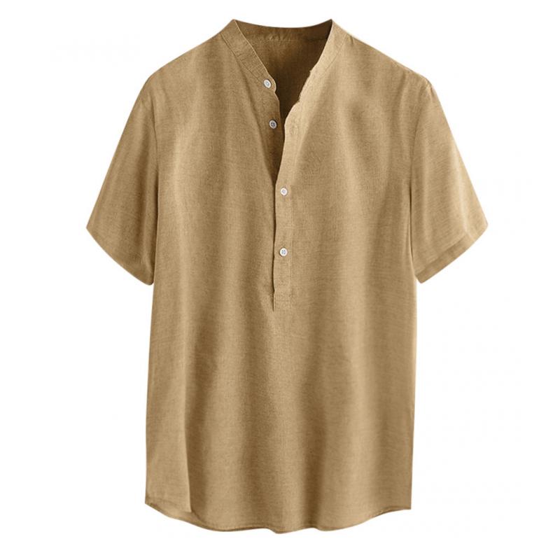 Camicia casual da uomo in cotone e lino con colletto Henley a maniche corte 23292927Z