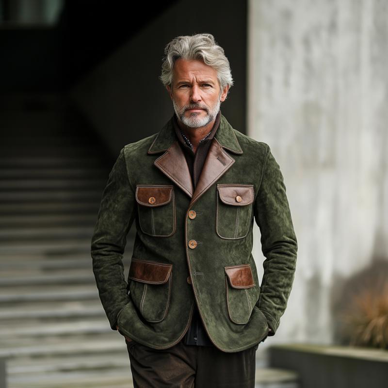 【Spedizione in 24 ore】Blazer monopetto multitasche in pelle scamosciata e pelle vintage da uomo 29769161Y