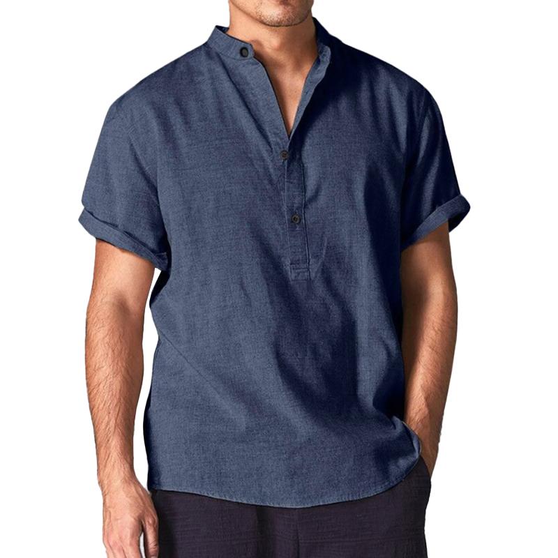 Camicia casual da uomo in cotone e lino con colletto Henley a maniche corte 23292927Z