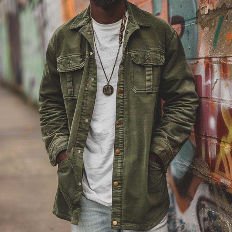 Men's Vintage Corduroy Washed Lapel Mid-length Multi-pocket Work Jacket 57083402M