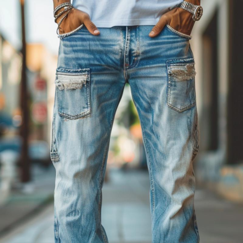 Jeans dritti vintage da uomo con patchwork lavati e rovinati 29483737M