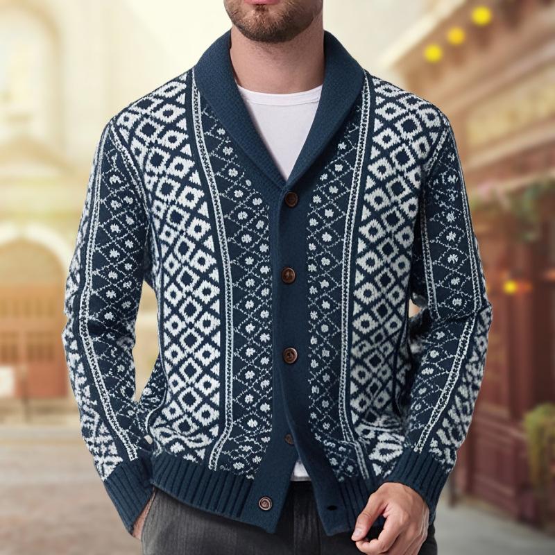 Vintage jacquard sjalkrage, enkelspent strikket cardigan for menn 28838853M