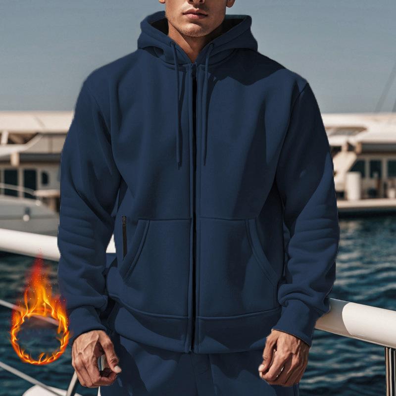 Men's Solid Color Plush Long Sleeve Zip Hoodie 35139061Z