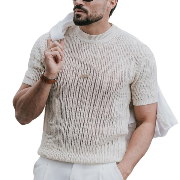 Men's Solid Color Round Neck Knitted Short Sleeve T-Shirt 64542154X