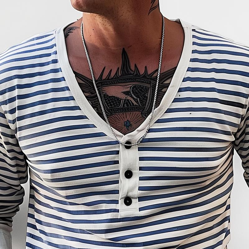 T-shirt a maniche lunghe con scollo a V a righe stile blu navy da uomo 46072697Z