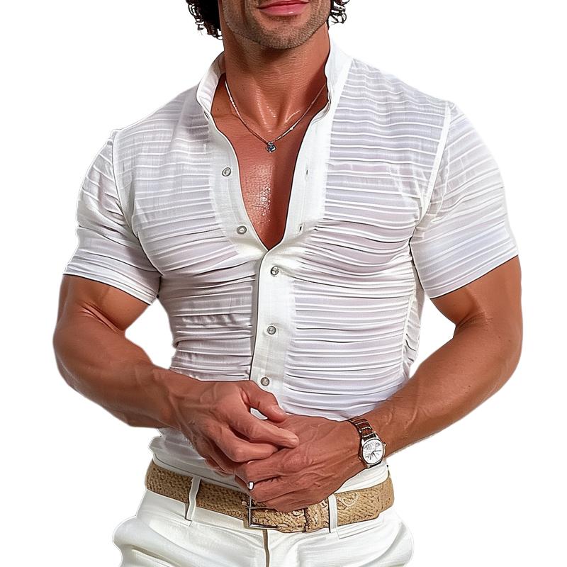 【Envío en 24 horas】Camisa casual de manga corta con cuello alto liso para hombre 31515363Z
