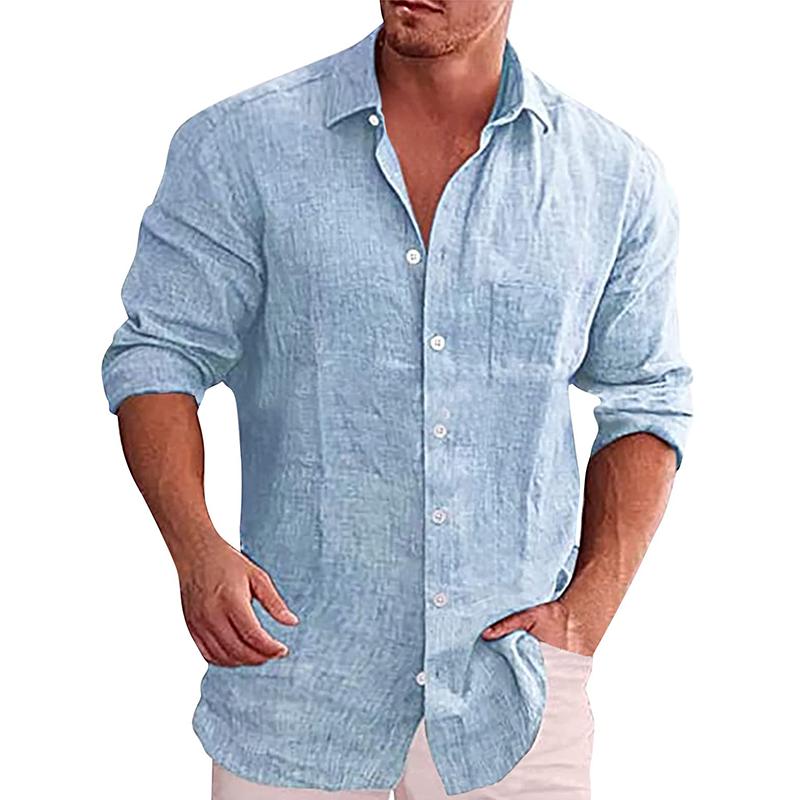 Camisa informal de lino de manga larga con solapa lisa y botonadura sencilla para hombre 16898700Z