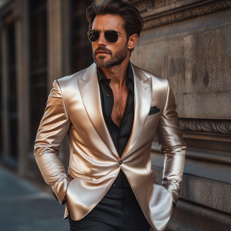 Blazer ajustado de satén con solapa de pico y botonadura sencilla, estilo retro, para hombre 02480890M