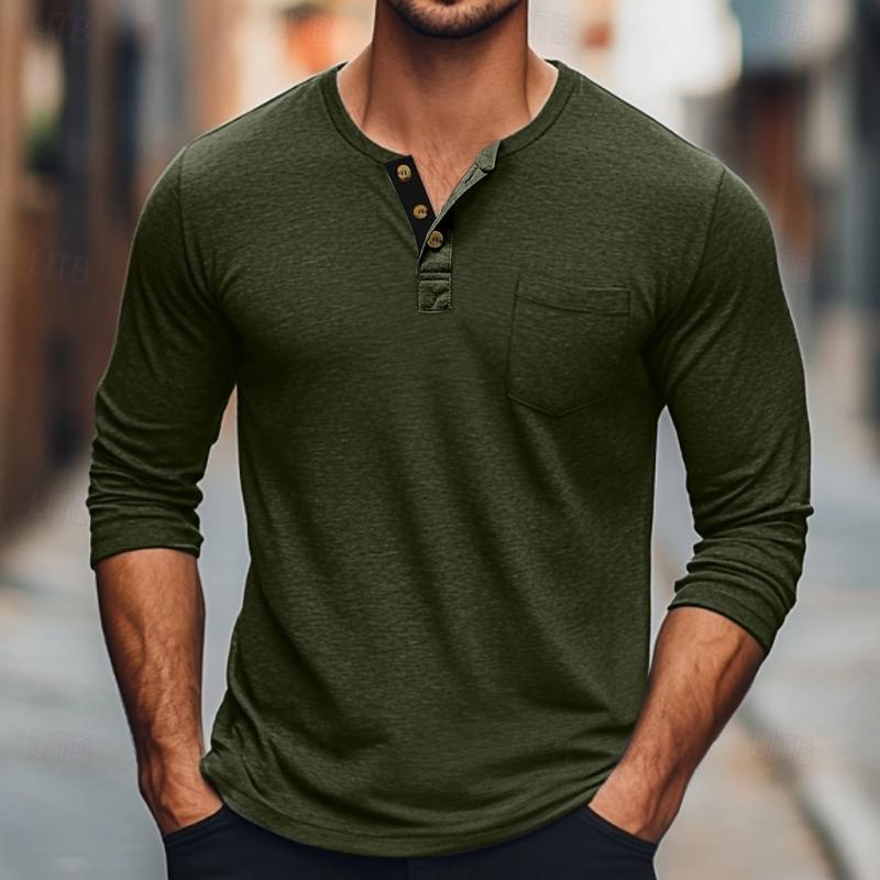T-shirt da uomo tinta unita con bottoni, scollo rotondo, manica lunga 64559660Y