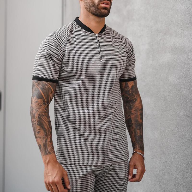 Conjunto informal de camiseta y pantalones cortos de manga corta a cuadros con cuello henley y cremallera para hombre 16624506Z