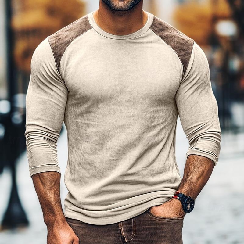 Men's Vintage Colorblock Suede Crew Neck Long Sleeve T-Shirt 99189629Y