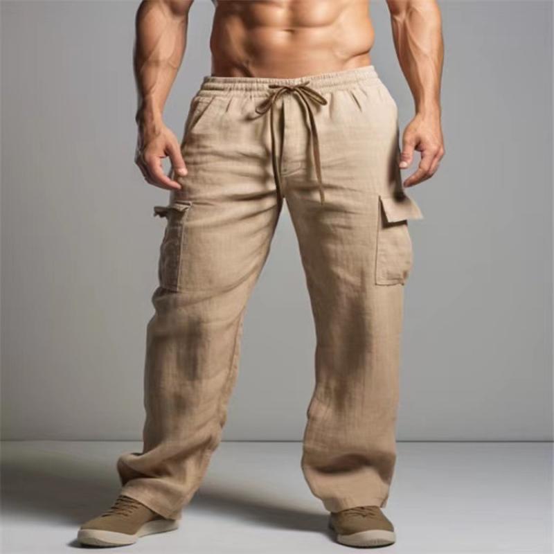 Men's Solid Cotton And Linen Elastic Waist Multi-pocket Casual Pants 09929953Z