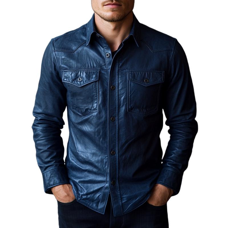 Chemise en cuir à manches longues et revers bleu foncé élégante pour hommes 72993130F