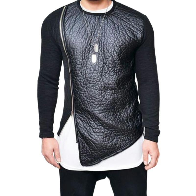 Men's Faux Leather Stitching Zip-up Round Neck Long-sleeved T-shirt(Internal T-shirt not included) 12785925U