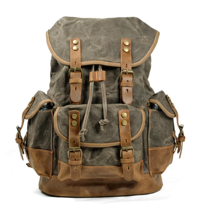 Herren Vintage Outdoor Canvas Nähte Leder Multi-Pocket Rucksack 19083234Y