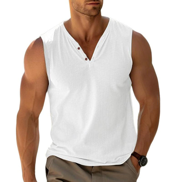 Men's Solid Color Buttoned Cotton And Linen V-Neck Tank Top 21332154Y