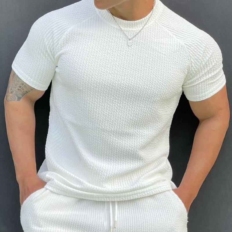 Camiseta deportiva informal de manga corta con cuello redondo y rayas lisas para hombre 18523718Z