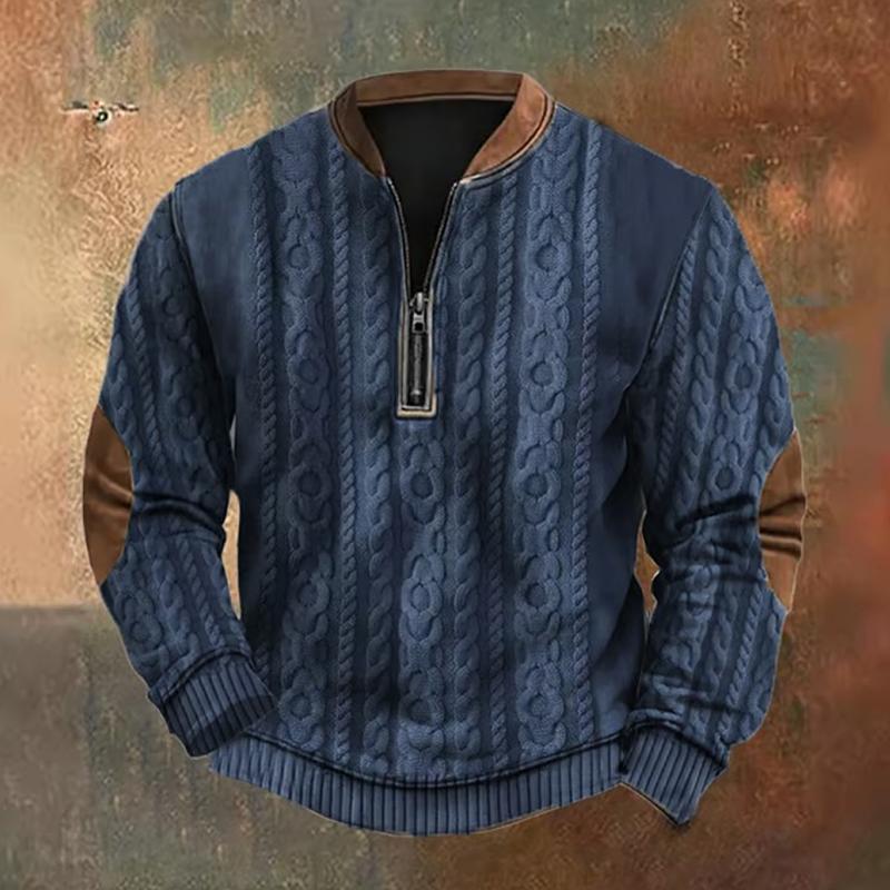 Sweat-shirt décontracté à manches longues et col rond pour homme, couleur unie, texture, fermeture éclair, 46996802Z