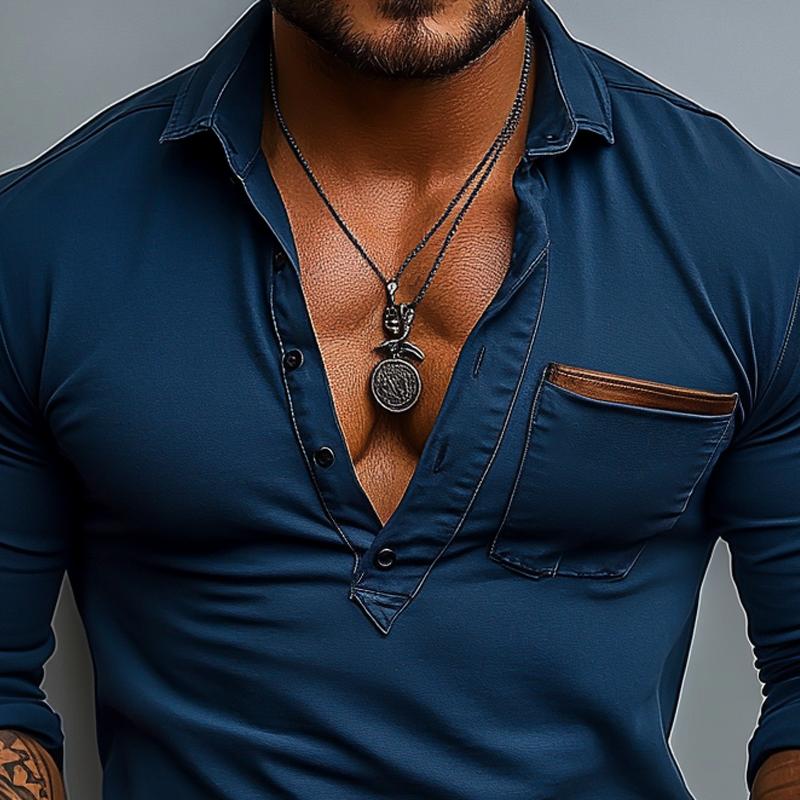 Polo à manches longues et revers de couleur unie pour homme avec poche poitrine 73059449Z