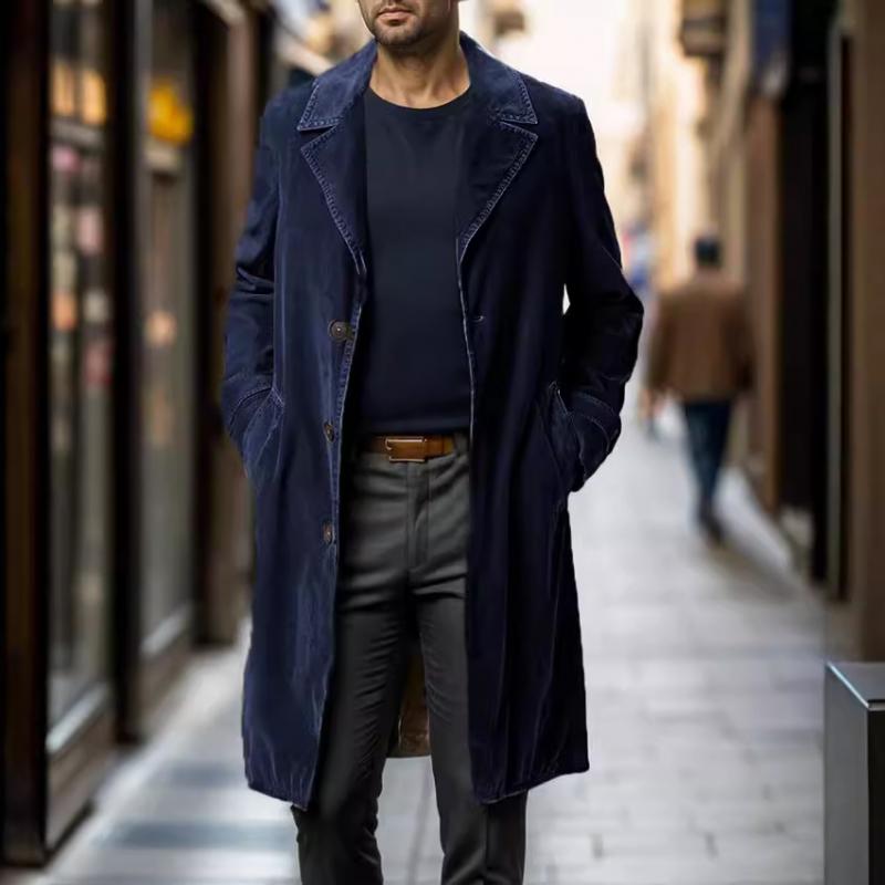 Men's Vintage Solid Color Corduroy Single Breasted Mid-Length Trench Coat 72817655M