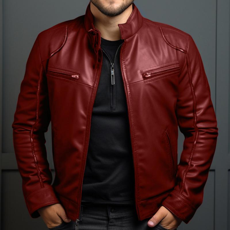 Chaqueta de cuero entallada con cremallera y cuello alto estilo vintage para hombre 55238800M
