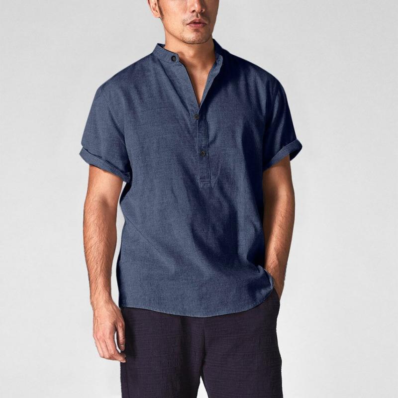 Camicia casual da uomo in cotone e lino con colletto Henley a maniche corte 23292927Z