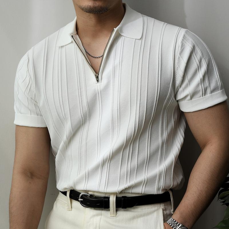Men's Solid Striped Zip Lapel Short Sleeve Polo Shirt 04003477Z