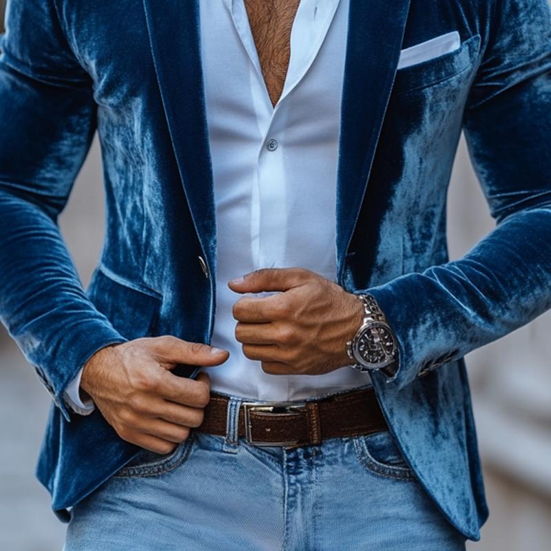 Blazer casual da uomo in velluto tinta unita con revers a tacca e due bottoni 39765531Z