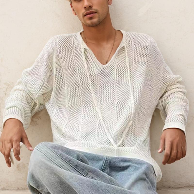 Men's Solid Color Lace-up V Neck Long Sleeve Knit Sweater 41259235Z