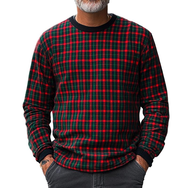 Men's Retro Casual Red and Green Plaid Christmas Crewneck Sweatshirt 97110529TO