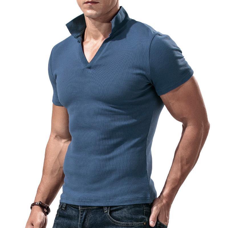 Men's Solid Color Lapel V-Neck Short-Sleeved Polo Shirt 94587381Y