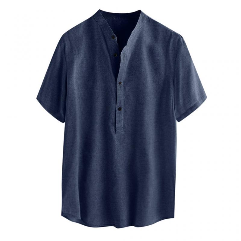 Camicia casual da uomo in cotone e lino con colletto Henley a maniche corte 23292927Z