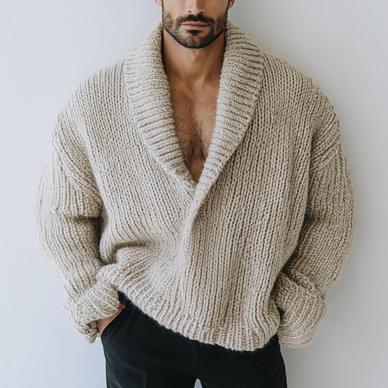 Pull en tricot décontracté à manches longues et revers de couleur unie pour homme, style oversize, 16200506Z