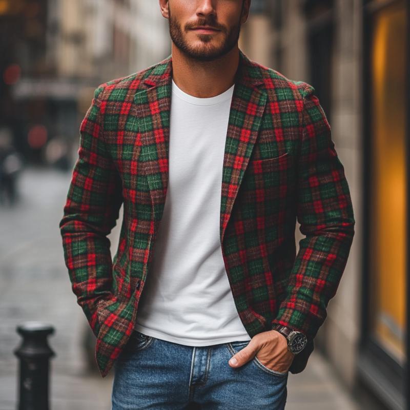 Blazer monopetto a quadri natalizi con risvolto a tacca, colore a contrasto, casual da uomo 09626197M