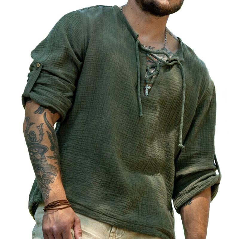 Camicia casual a maniche lunghe da uomo in cotone solido e lino con colletto stringato 94788021Z