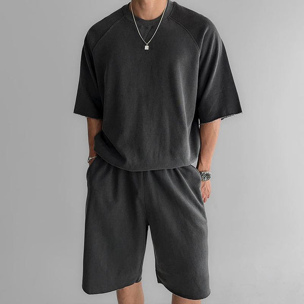 Men's Solid Color Loose Round Neck Short Sleeve T-shirt Shorts Casual Set 03129402Z
