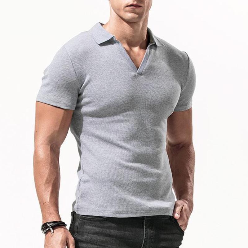 Men's Solid Color Lapel V-Neck Short-Sleeved Polo Shirt 94587381Y