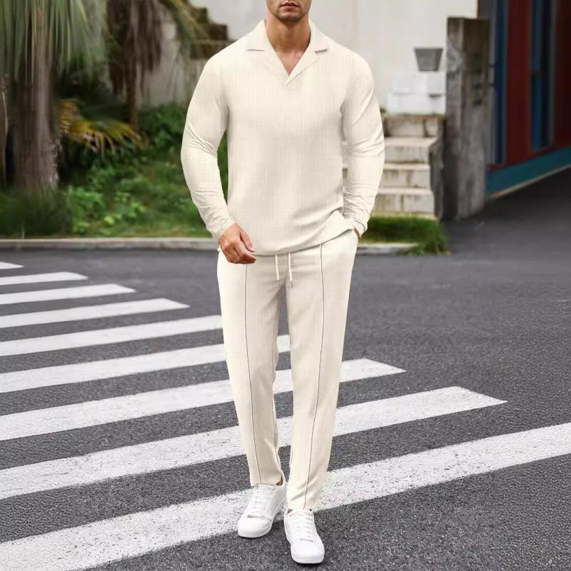 Einfarbiges Set aus langärmligem T-Shirt und Hose mit Waffelmuster und kubanischem Kragen für Herren 28710871Y