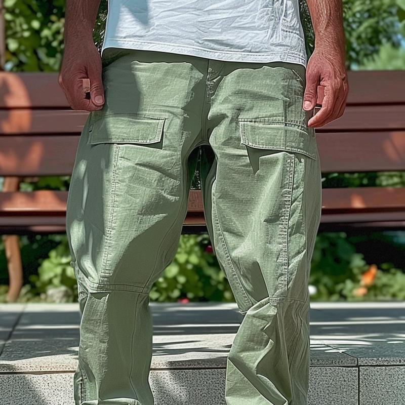Pantaloni cargo larghi dritti multitasche in cotone tinta unita da uomo 71552456Z